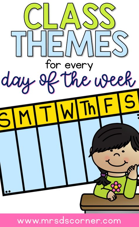 Classroom themes for every day of the week in any classroom, like Motor Monday and Fun Food Friday. Learn more and see the lists at Mrs. D's Corner 1st Grade Weekly Themes, Weekly Themes For Elementary School, First Grade Weekly Themes, School Week Themes, Morning Work Days Of The Week, Daily Themes For Classroom, Day Of The Week Themes, Morning Work Daily Themes, Fun Friday 2nd Grade