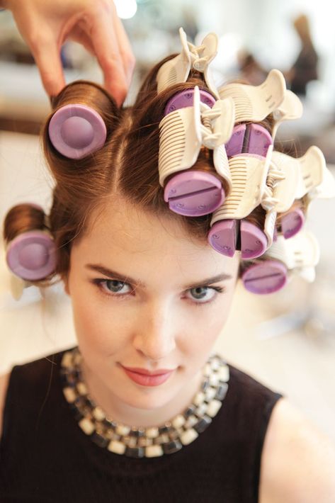 3 DIY Hot-Roller 'Dos That Aren't Dated #refinery29 http://www.refinery29.com/55630#slide-43 Continue rolling across the top. As you reach the wider part of your head, use two side-by-side rollers as shown. ... Curl Hair With Rollers, Hot Roller Styles, Rollers For Long Hair, Hot Roller Curls, Diy Hair Rollers, Using Hot Rollers, Hot Curlers, Heated Rollers, Roller Curls