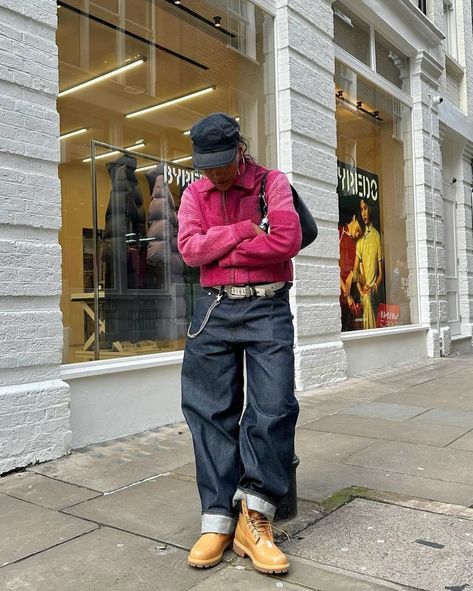 How about her color? 🍒 Outfit info 👇🏻 • • • 📸 @toastedbananabread_ 🇬🇧 🧢Hat : two fold 👔Top : patina 👖Bottom : supreme 👞Shoes : timberland • • • • • • black hat, red jacket, white belt, baggy deep blue jeans, yellow boots, hand bag, women’s outfit, united kingdom Outfit Info, Supreme Shoes, Yellow Boots, White Belt, Black Hat, Clothing Essentials, Wearing Clothes, Colourful Outfits, Red Jacket