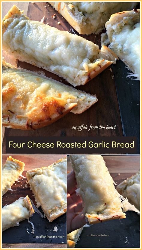 Four Cheese Roasted Garlic Bread - An Affair from the Heart Roasted Garlic Bread, Friends Recipes, Heart Recipes, Garlic Cheese Bread, Garlic Cheese, Best Bread Recipe, Muffin Bread, Incredible Edibles, Amazing Appetizers