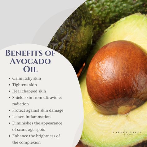 At Lather Green, Avocado 🥑 Oil is used in our Body Butters. Here are a few benefits listed below. Have you lathered green? Feel the difference on your skin. #glowingskin #skincare #skincareroutine #beauty #healthyskin #skin #antiaging #skincaretips #skincareproducts #selfcare #makeup #glowing #acne #facial #naturalskincare #glowingskincare #serum #natural #clearskin #glow #jerawat #perawatanwajah #glowup #facials #beautycare #msglow #beautytips #beautiful #naturalbeauty #bhfyp Avocado Butter For Skin Benefits, Avocado Benefits For Skin, Mango Butter Benefits Skin, Avocado Oil Benefits, Forever Avocado Soap Benefits, Avocado Benefits Facts, Green Avocado, Acne Facial, Glowing Skincare