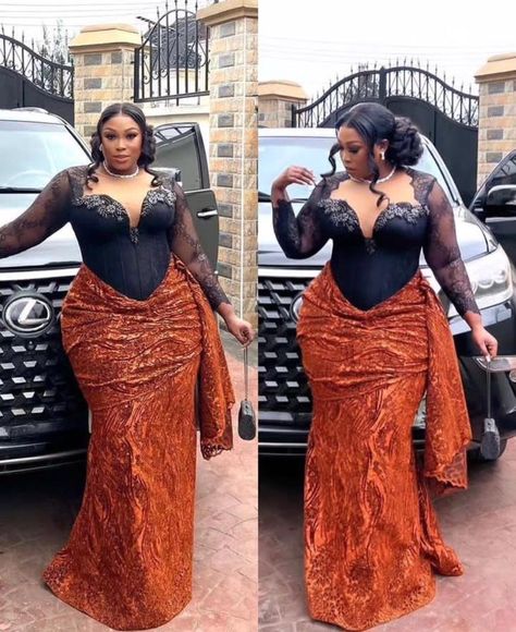 Plus Size Asoebi, Burnt Orange Asoebi, Plus Size Asoebi Lace Styles, Latest Asoebi Styles, Asoebi Lace Styles For Pregnant Women, Lace Gown Styles Aso Ebi For Pregnant Women, Burnt Orange Aso Ebi Lace Styles 2022, Asoebi Styles Lace, Ankara Asoebi Styles 2022