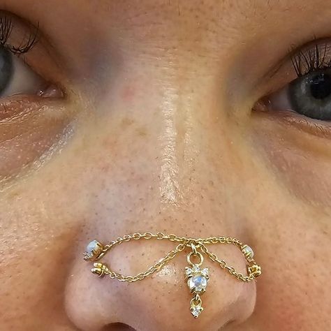 Cool Nose Piercing Jewelry, Nose Bridge Piercing Chain, Nose Piercing Chain Across Nose, Double Nose Piercing Chain, Nose Chain Piercing, Chain Nose Piercing, Nose Piercing Chain, Dream Nose, Nose To Ear Chain