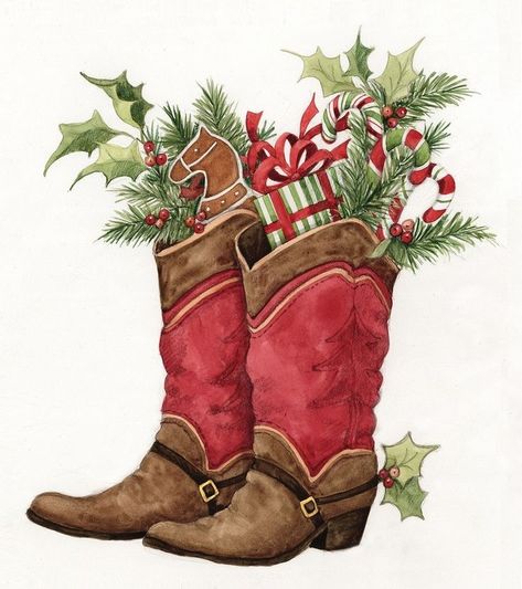 Country Christmas Cards, Xmas Drawing, Southern Christmas, Horse Cards, Horse Fabric, Christmas Boots, Horse Coloring Pages, Cowboy Christmas, Cowboy Art