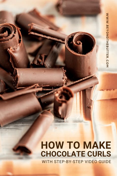 Learn how to make your own chocolate curls with this easy to follow step-by-step tutorial! | BeyondtheButter.com | #howtovideo #chocolatecurls #beyondthebutter #howtomakechocolatecurls Butter Dessert Recipes, Make Your Own Chocolate, Chocolate Garnishes, Chocolate Roll, Chocolate Curls, Jelly Roll Pan, Chocolate Design, From Beyond, Chocolate Decorations