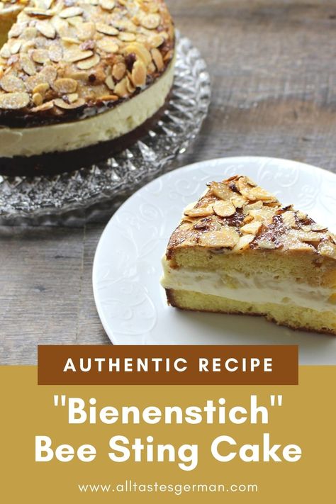 bee sting cake on a plate and a slice of bee sting cake on a white plate Bee Sting Cake Recipe, German Coffee Cake, Savory Desserts, Fluffy Sponge Cake, Bee Sting Cake, German Cooking, Sponge Cake Filling, Savory Dessert, Cake Form