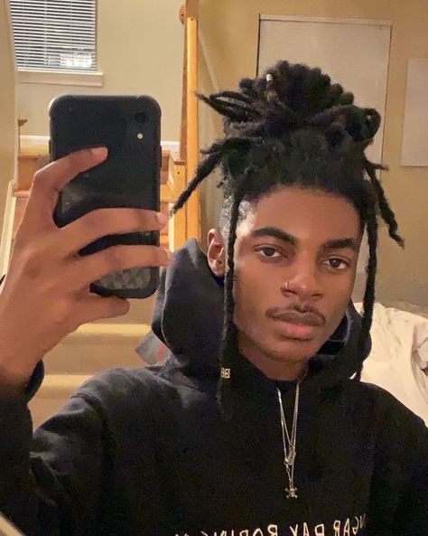 Long Black Male Hairstyles, Dreadhead Hairstyles For Men, Messy Dreads Men, Masc Loc Hairstyles, Black Male Locs, Black Masc Hairstyles, Black Dreads Men, Black Hairstyles Dreads, Male With Dreads