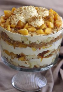 Ingredients 2 sml pkg vanilla instant pudding 1 Cup sour cream 1 1/2 Cup milk 1/2 tsp orange zest 1/2 Cup powdered sugar 2 Cup… Sugar Free Oatmeal Cookies, Sugar Free Oatmeal, Trifle Recipes, Trifle Desserts, Trifle Recipe, Peach Recipe, Angel Food Cake, Peach Cobbler, Yummy Sweets