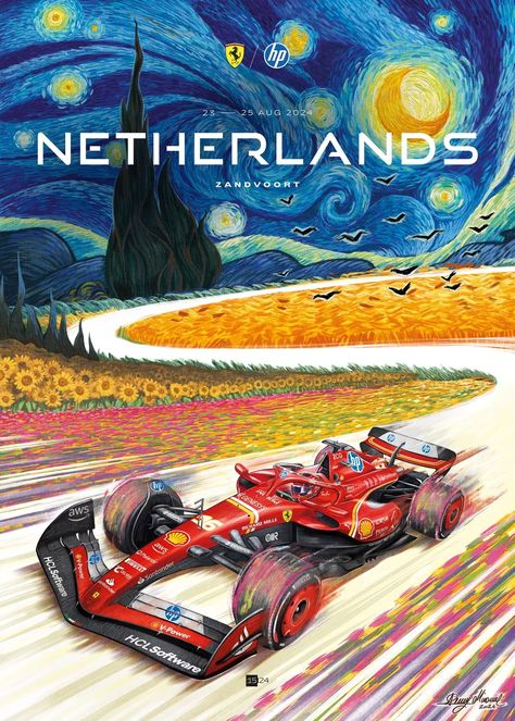 Dutch Grand Prix 2024 by Denny Minonne Grand Prix Posters, Red Race, Ferrari Poster, Auto Racing Events, Starry Night Painting, Ferrari World, Digital Painting Techniques, F1 Poster, Ace Of Hearts