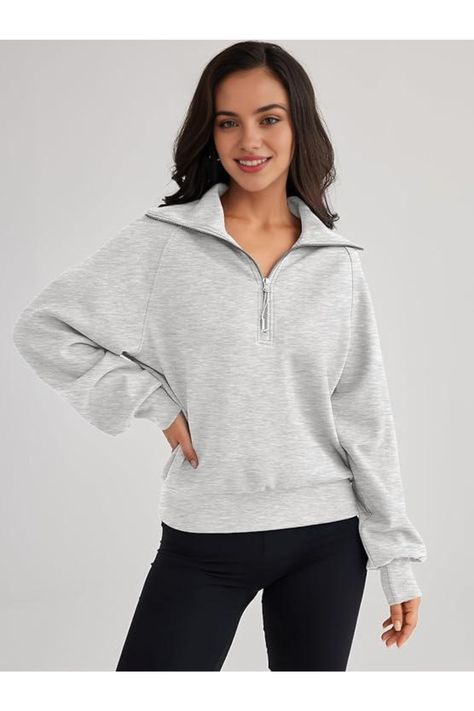 Elevate your everyday look with this effortlessly chic outfit. Pair a soft gray pullover with sleek black leggings for a comfortable yet stylish ensemble perfect for lounging or running errands. Ideal for those who want to look effortlessly put together without compromising on fashion. . #CozyChic #CasualStyle #FashionInspo #EffortlessStyle #ChicLook Womens Oversized Sweatshirts, Grey Quarter Zip, Girls Fall, Effortlessly Chic Outfits, Zip Hoodies, Y2k Clothes, Half Zip Sweatshirt, Cozy Chic, Grey Pullover