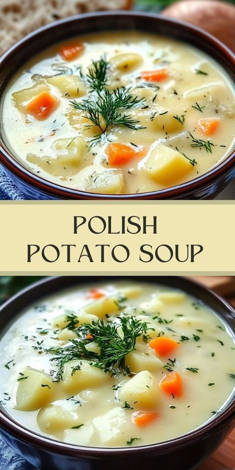 Potato Soup is a rich and hearty soup perfect for cold days! 🥔🍲 Creamy, comforting, and packed with flavor, this soup is made with tender potatoes, savory broth, and a blend of spices that warms you from the inside out. It's an easy one-pot meal that’s great for family dinners or meal prep, and it pairs wonderfully with crusty bread or a fresh salad. 😋  ✨ Make this delicious Potato Soup today and savor the warmth of homemade goodness! ✨  #PotatoSoup | #ComfortFood | Polish Potato Soup, Winter Stews And Soups, Leak And Potato Soup Recipes, Rustic Potato Soup, Roasted Potato Soup, Soup Recipes No Dairy, Healthy Potato Soup Recipes, Golden Potato Soup, Classic Potato Soup Recipe