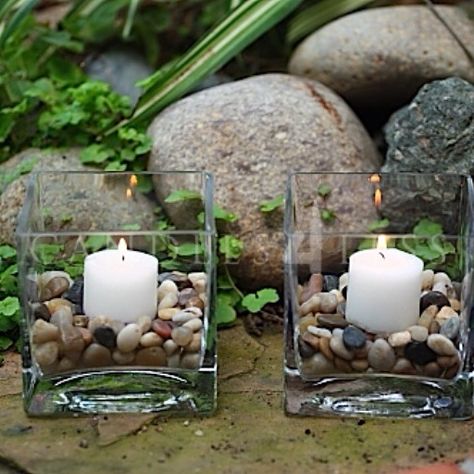 6 inch square vase with small rocks and 2 inch candle. This can be used on center table. Very nice Square Vase Centerpieces, Glass Vases Decor Ideas, Jar Filler Ideas, Vase Filler Ideas, Square Glass Vase, Square Glass Jars, Crafts With Glass Jars, Jar Fillers, Glass Vase Decor