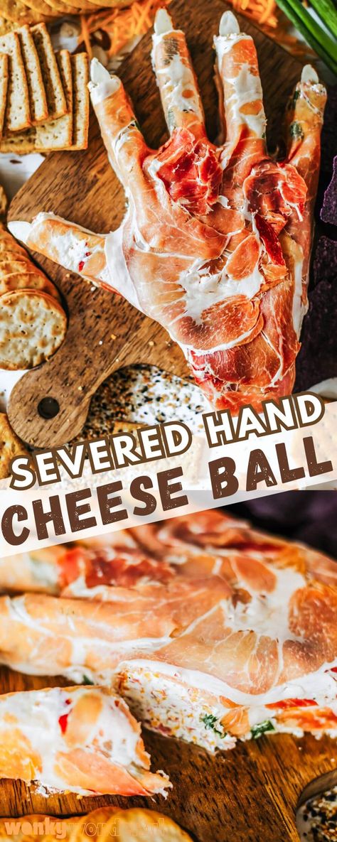 Make this SEVERED HAND HALLOWEEN APPETIZER for a creepy snack. A cheese ball shaped like a hand then covered with prosciutto will have your friends and family scared. Crostini Appetizers Halloween, Prosciutto Halloween Hand, Halloween Hand Cheese Board, Severed Hand Cheese Ball, Prosciutto Arm Halloween, Halloween Hand Appetizer, Halloween Cheese Hand, Holloween Appetizers, Prosciutto Hand Halloween