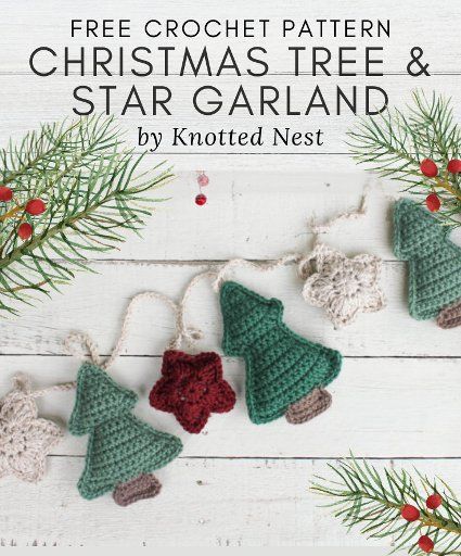 A free crochet pattern of a Christmas Tree and Star Garland. Read more about the Free Crochet Pattern Christmas Garland. Crochet Christmas Garland, Knitted Christmas Decorations, Crochet Christmas Trees Pattern, Crochet Christmas Tree, Crochet Bunting, Christmas Crochet Patterns Free, Crocheted Christmas, Crochet Tree, Crochet Garland