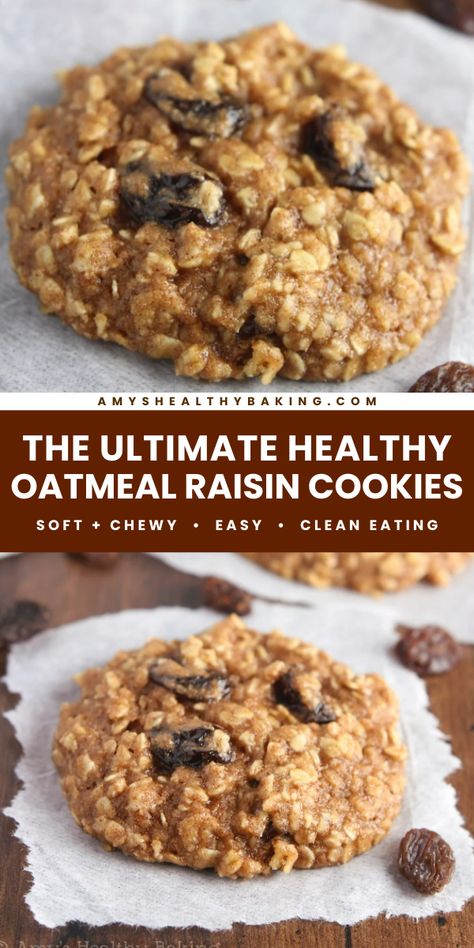 Don't miss out on this healthy baking idea! Soft and chewy with lots of cinnamon, these healthy oatmeal raisin cookies are the BEST you'll ever eat. Save this healthy dessert recipe and make these amazing oatmeal cookies! Oat Flour Raisin Cookies, Oatmeal Raisin Cookies Almond Flour, Healthy Oatmeal Craisin Cookies, Clean Oatmeal Raisin Cookies, Homemade Oatmeal Raisin Cookies Recipe, Oatmeal Recipes Dessert Healthy, Best Healthy Oatmeal Cookies, No Butter Oatmeal Raisin Cookies, Oatmeal Peanutbutter Cookies Healthy