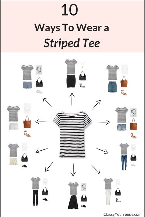 10 Ways To Wear A Striped Tee / T-Shirt - If you have a striped tee in your closet, it can be worn casual with jeans or shorts, plus it can be dressed up with a skirt, pants or with a blazer.  Even though the pattern is stripes, when the stripes are a dark navy or black, it becomes a neutral pattern that can even be worn with other patterns! Minimalist Wardrobe, 10 Ways To Wear, Classy Yet Trendy, Mode Tips, Fashion Capsule Wardrobe, Capsule Outfits, Fashion Capsule, Travel Wardrobe, Inspiration Mode