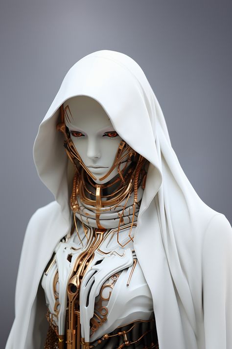 MP: Straight Portrait, creative and sci-fi profile of a woman robot in white robe and hood [religious, surreal] gold, technology, sci-fi & futuristic and elegant "prototype of a new world" [Isaac Asimov, Science Fiction, Frank Herbert, Mike Mignola] ::5 futuristic leather coat, detailed ::2 Artistic, abstract + surreal, white background, intricately detailed, fashion pose stunning ::1.7 Realistic rendering, studio lighting, accent lights, volumetric light, high key lighting, pro photo RGB, ray t Sci Fi Outfits Female, Sci Fi Fashion Futuristic, Sci Fi Outfits, High Key Lighting, Detailed Fashion, Sci Fi Outfit, Fashion Pose, Accent Lights, Portrait Creative