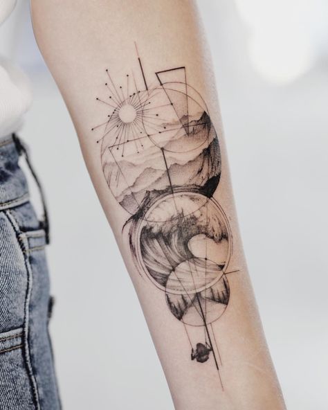 mrtnv on Instagram: “⊹ So much love to nature, mountains, oceans and road trippin’. Another first tattoo for life lover ⊹” Simbols Tattoo, Tattoo Band, Geometric Sleeve Tattoo, Forearm Sleeve Tattoos, Geometric Tattoo Design, Cat Tattoos, Tattoos Geometric, Forearm Tattoo Women, Tiny Tattoo