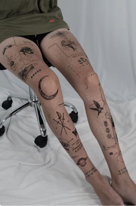 Full Body Fine Line Tattoo, Leg Fine Line Tattoo, Patchwork Leg Tattoo, Upper Leg Tattoos, Bright Tattoos, Full Leg Tattoos, Tattoo Magazine, Full Arm Tattoos, Tattoo Inspiration Men