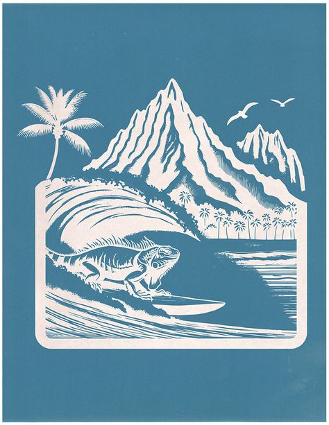 Iguana Surfing This Ready-To-Use stencil comes as an 8.5"x11" stencil, or as a digital download. This playful design features a surfer navigating a towering wave, set against a backdrop of a lush tropical landscape with palm trees and a striking mountain range. The whimsical twist lies in the surfer's identity—a charming iguana—giving this scene an amusing and unexpected character. Printing this design on a shirt or a ceramic piece could be a delightful way to express a love for adventure, the g Mountain Stencil, Landscape With Palm Trees, Screen Printing At Home, Screen Printing Stencil, Polymer Clay Silk Screen, Clay Silk Screen, Surf Artwork, Make Your Own Stencils, Palm Trees Landscaping