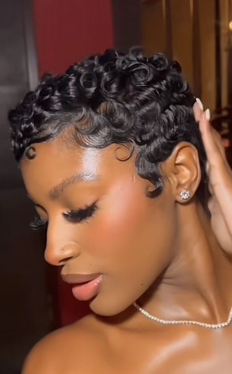 Black Girls Short Hair Waves, Finger Wave Wedding Hair Short, Cute Short Hair Styles Black Women, Pixie Haircut Wigs For Black Women, Pixie Wedding Hairstyles Black Women, Fluffy Finger Waves, Perm Set On Natural Hair, Black Girls Pixie Hairstyles, Fingers Waves For Black Women