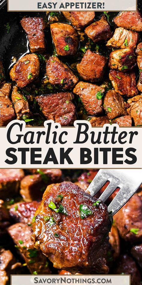 These Garlic Butter Steak Bites are quick and easy to make – and they vanish fast! Serve them as finger food on appetizer night, as part of your game day spread or as part of a fun family dinner date. | #dinnerdate #steakbites #appetizer Butter Steak Bites Recipe, Appetizer Night, Butter Steak Bites, Steak Dinner Recipes, Steak Bites Recipe, Baked Steak, Venison Steak, Butter Steak, Garlic Butter Steak