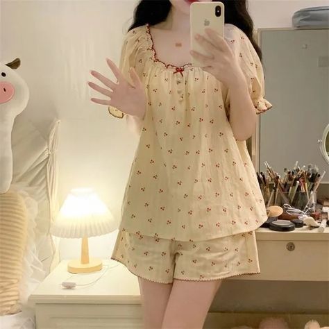 Cute Nightwear, Korean Sleepwear, Pajamas Aesthetic, Cotton Night Dress, Pijamas Women, Pajama Fashion, Sleepwear Fashion, Cute Sleepwear, Cute Pajama Sets