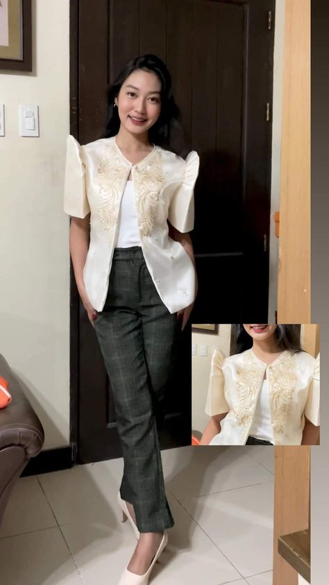 Modern Filipiniana Bolero, Modern Filipiniana Outfit Classy Pants, Filipino Attire, Filipino Costume, Filipiniana Fashion, Filipiniana Modern, Filipiniana Top, Scripture Tea, Modern Filipiniana Dress