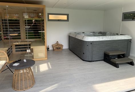 Hot Tub Canopy | Bakers Garden Buildings Indoor Hot Tub And Sauna, Home Sauna And Hot Tub, Home Sauna And Jacuzzi, Sauna And Jacuzzi Room, Jacuzzi And Sauna Indoor, Hot Tub Changing Room, Sauna Jacuzzi Room, Hot Tub In Garage, Garage Hot Tub Ideas