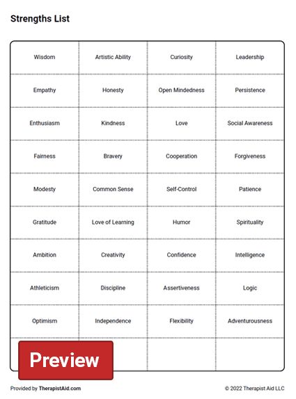 Strengths List (Worksheet) | Therapist Aid Strengths List, List Of Strengths, Character Strengths, Health Activities, Social Awareness, Therapy Worksheets, Therapy Tools, Be Happier, School Counseling