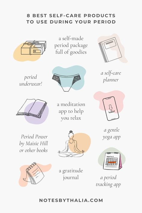 8 Best Self-Care Products To Use During Your Period Infographic including a gratitude journal, a period tracking app, a gentle yoga app, a meditation app to help you relax, period power by maisie hill and other books, period underwear, a self-care planner, a period package full of goodies Period Tracking App, Track Period, Home Remedies For Allergies, Period Cycle, Period Days, Healthy Period, Yoga App, Natural Remedies For Migraines, Period Hacks