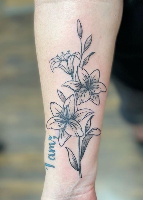 3 Flower Tattoo Forearm, Lilly Floral Tattoo Design, Black And White Tiger Lily Tattoo, Stargazer Lilies Tattoo, Lilly Forearm Tattoo Women, Lilies Flower Tattoo, Star Gazer Lilly Tattoos, Fine Line Black And Grey Tattoo, Lily Sleeve Tattoo