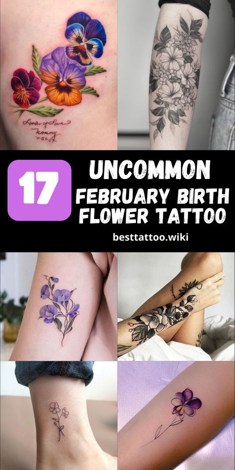 Discover the Charm of February Birth Flower Tattoos: Violets & Primroses Ink Ideas Floral Tattoos, Elegant Spine Tattoos, February Birth Flower Tattoo, Birth Flower Tattoo Ideas, Violet Flower Tattoos, Purple Flower Tattoos, February Birth Flower, Violet Tattoo, February Birth Flowers