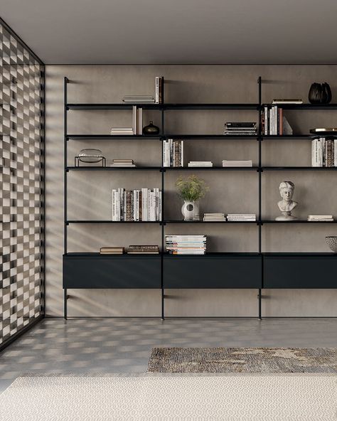 Bamboo: double-sided bookcase - Dallagnese Modular Bookshelves, Aluminum Shelves, Italian Living, Metal Bookcase, Shelving Design, Regal Design, Bookcase Wall, Bookshelf Design, 아파트 인테리어