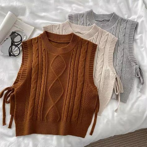 Brown Clothing Aesthetic, Brown Clothes Aesthetic, Knit Waistcoat, Neat Casual Outfits, Classic Style Outfits, Stylish Short Dresses, Trendy Dress Outfits, Casual Preppy Outfits, Round Neck Sweater