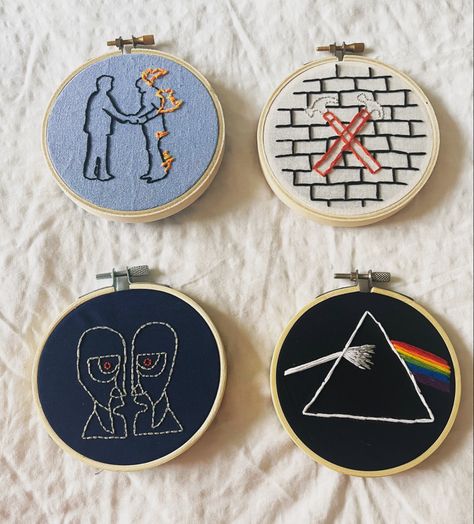 Pink floyd, embroidery, art, dark side of the moon, wish you were here, the wall, the division bell Punch Embroidery Projects, Pink Floyd Embroidery, Pink Floyd Cross Stitch, Pink Floyd Gifts Ideas, Pink Floyd Ideas, Rock Embroidery, Band Embroidery, Music Embroidery, Pink Floyd Tattoo