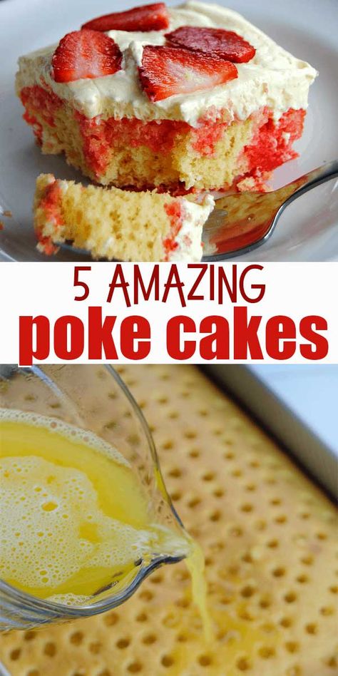 No holiday or celebration is complete without a Poke Cake on the table! These delectable Poke Cake recipes take regular cake-from a box cake mix or homemade-and add a burst of flavor with Jello, pudding, or other delicious add ins. #pokecakes #easydesserts Poke Cakes, Boston Cream Poke Cake, Regular Cake, Pudding Poke Cake, Jello Cake, Short Cake, Strawberry Shortcake Recipes, Shortcake Recipe, Poke Cake Recipes