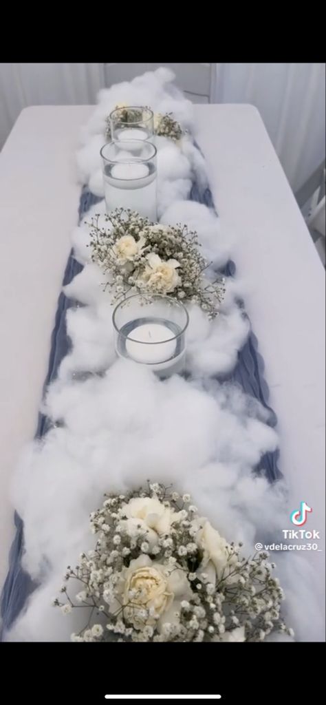 Wedding Cloud Theme, Cloud Theme Wedding Decoration, Cloud Centerpieces Shower Ideas, Over The Clouds Baby Shower Theme, Cloud 9 Bridal Shower Centerpieces, White Party Decorations Elegant, Heavenly Bodies Theme, Cloud Themed Centerpieces, Gender Reveal Twinkle Twinkle Theme Decor