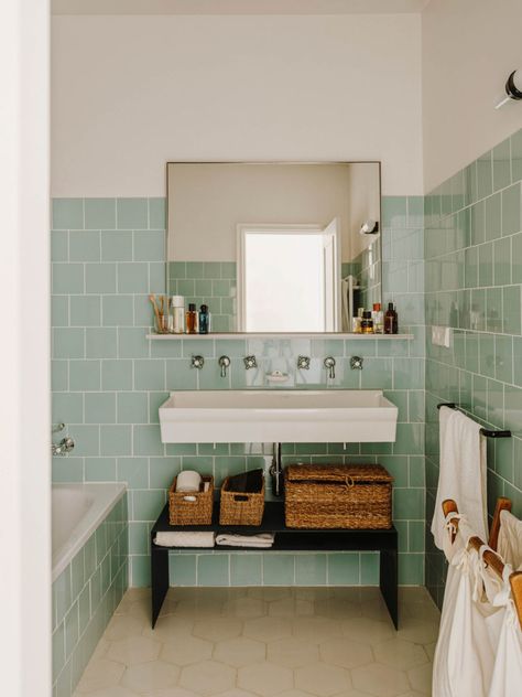 Old at Heart: Keeping the 'Essence of Barcelona' Alive in a Remodel by Conti, Cert - Remodelista Rooftop Apartment, Barcelona Apartment, Bathroom Design Inspiration, Up House, Green Tile, Bathroom Renos, Shower Remodel, Laundry In Bathroom, House Bathroom