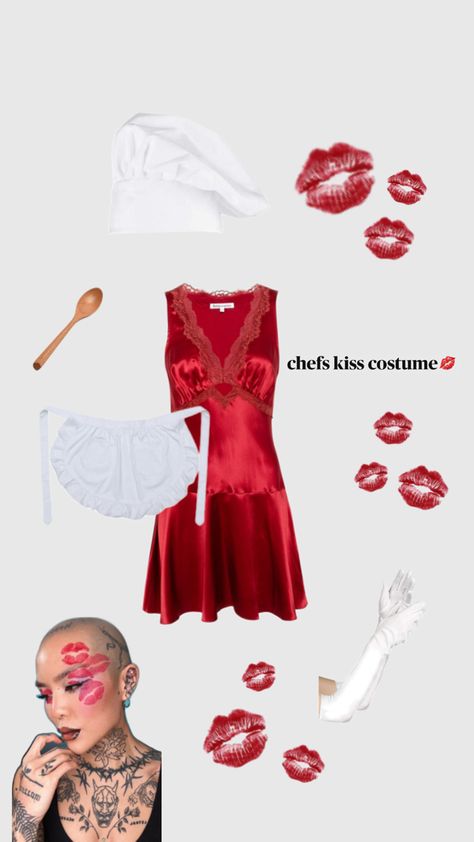 chefs kiss halloween costume idea Kiss And Tell Costume, Chefs Kiss Makeup, Kisses Halloween Costume, Chefs Kiss And French Kiss Costume, Red Shorts Halloween Costume, Chefs Kiss Halloween Costume, Kiss Makeup Halloween, French Kiss Costume, Kisses Costume