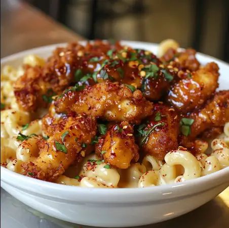 Honey Pepper Chicken Mac and Cheese – Naomi's Recipes Fried Chicken And Mac And Cheese, Honey Pepper Chicken Mac And Cheese, Honey Pepper Chicken, Crispy Breaded Chicken, Breaded Chicken Strips, Chicken Mac And Cheese, Classic Mac And Cheese, Honey Glazed Chicken, Honey Bbq Chicken