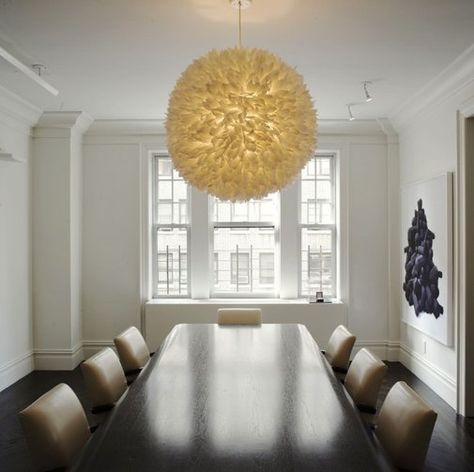 Emphasis. Because there is a feature in the room that commands attention. ~the yellow light/ceiling design. Interior Design Principles, Elegant Interior Design, Contemporary Dining Room, Space Decor, Elegant Interiors, Chandelier In Living Room, Leather Furniture, Apartment Design, White Interior