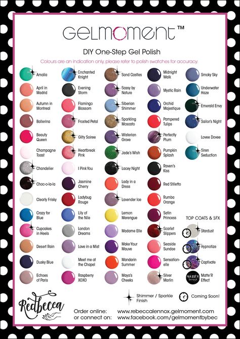 GelMoment Colour Chart • Redbecca Nail Art Products Name List, Nail Polish Color Names, Gel Bottle Colours, Beetles Gel Polish Color Chart, Gelmoment Colors Nail Polish, Color For Nails, Gel Nails Diy, Creative Nail Designs, Gel Polish Colors