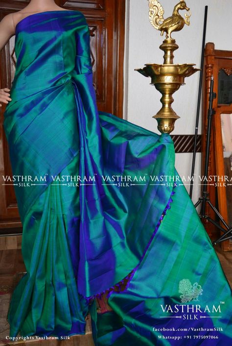 Peacock green plain Cost: 7800 inr Whatsapp:  91 7019277192 Peacock Blue Pattu Saree, Morpankh Colour Saree, Peacock Blue Saree Silk, Peacock Blue Wedding Saree, Peacock Colour Saree, Green And Blue Saree, Peacock Green Saree, Peacock Blue Saree, Peacock Saree