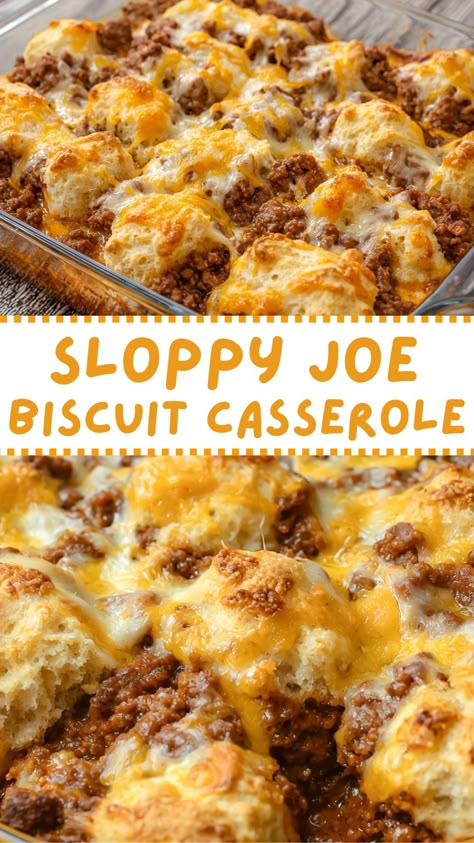 Sloppy Joe Biscuit Casserole Sloppy Joes Biscuits, Cheesy Sloppy Joes, Biscuit Casserole, Sloppy Joe Casserole, Biscuits Casserole, Fluffy Biscuits, Canned Biscuits, Cheesy Casserole, Biscuit Bake