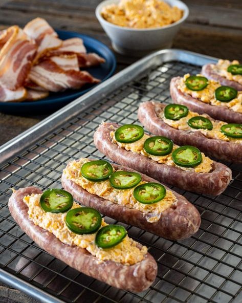 Recipes With Spicy Brats, Smoked Stuffed Brats, Traeger Sausage Recipes, Smoked Football Snacks, Sausage Poppers Boats, Smoked Bacon Wrapped Pork Loin, Pellet Grill Meals, Smoked Breakfast Recipes, Stuffed Sausage Recipes