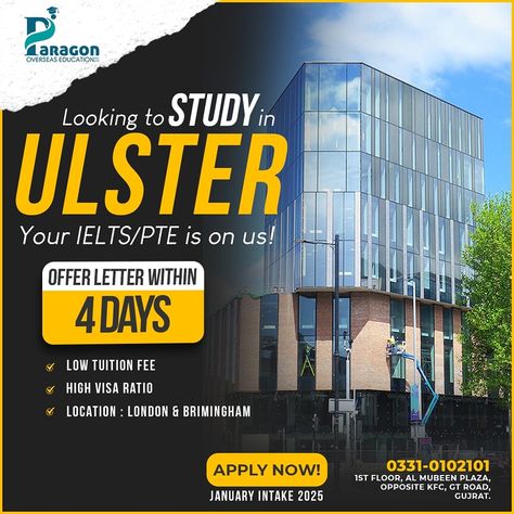 ✨ Study at Ulster University with an exclusive offer! Enroll today, and we'll pay your IELTS/PTE fees. Take the leap towards your dream career—opportunities like this don't come often! 🌟 For Further Details kindly Contact or Visit Us: 📍1st Floor Al Mubeen Plaza Near Rescue 1122 Service Morh GT Road, Gujrat 📞+92 333 1207009 , 0533724484 +92 3000207730 +92 333 1207008 +92 300 0207732 +92 300 0207738 +92 333 1207001 +92 331 0102203 +92 331 0102101 +92 300 0203762 +92 333 1207006 +92 331 0102203 ... Ulster University, Overseas Education, Dream Career, Tuition Fees, Career Opportunities, Study Abroad, Your Dream, Dreaming Of You, University