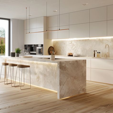 Modern Style Kitchen Design, Marble And White Kitchen, Kitchens That Never Go Out Of Style, Sophisticated Kitchen Design, Sleek White Kitchen, House Inspo Kitchen, Luxury Kitchen Design 2025, Modern Timeless Kitchen, White Marble Kitchen Ideas