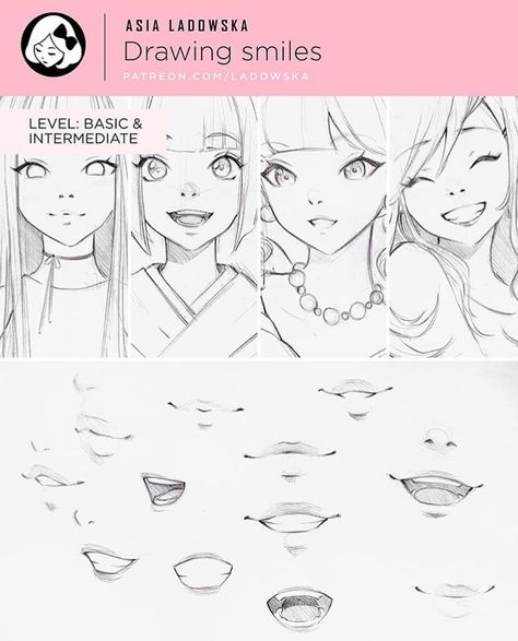 Drawing Tips Mouth, Asia Ladowska, Anime Mouth Drawing, Anime Mouths, Smile Drawing, Mouth Drawing, 얼굴 드로잉, Anime Tutorial, Manga Drawing Tutorials