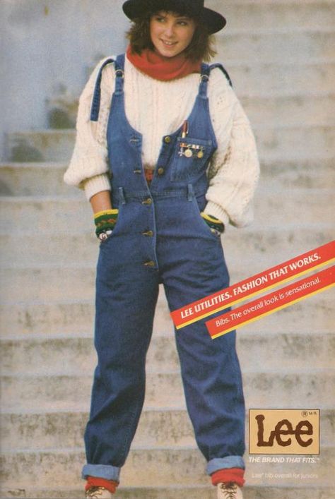 Lee Jeans ad, 1986. Why were we trying to make ourselves look so bulky in the 80s? 80s clothes & fashion 80s Overalls Outfit, 80s Overalls, 1980s Fashion Trends, 1980’s Fashion, 80s Jeans, Fashion 1980s, 80s Fashion Trends, Overalls Fashion, 80��’s Fashion